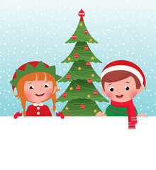 Obraz na płótnie Canvas Christmas elf and Santa Claus and white banner