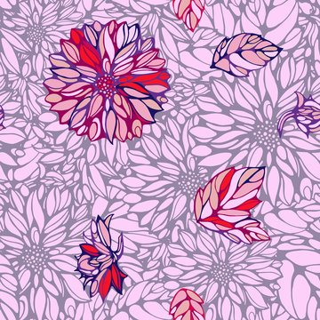 seamless pattern with  dahlia and leaves