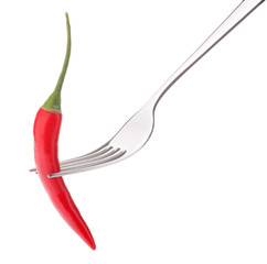 Chili pepper i on fork isolated on white background cutout. Heal