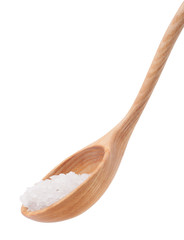 Mineral salt in wooden spoon isolated on white background cutout