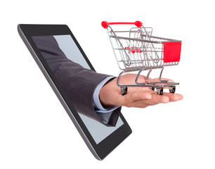 Hand With Shopping Cart Coming From Tablet