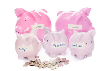 Piggybanks With Various Labels And Coins