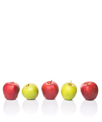 Red and green apple over white background