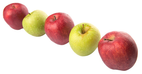 Red and green apple over white background