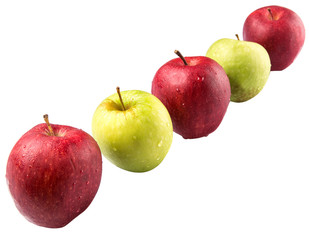 Red and green apple over white background
