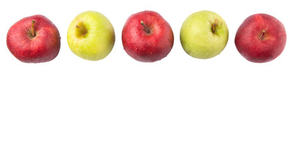Red and green apple over white background