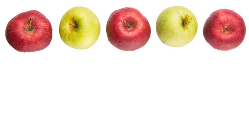 Red and green apple over white background