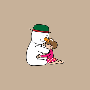 Hug Christmas Snowman and girl