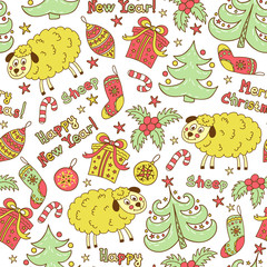 Christmas seamless pattern with animals sheep - 72802780