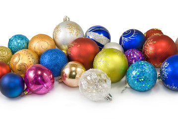 many Christmas tree decorations on a white background