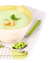 Tasty peas soup, isolated on white