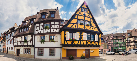 Panoramic view on old street with half timbered houses in Colmar