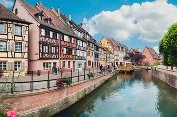 Panoramic view on canal in Petite Venice neighborhood of Colmar,