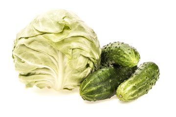 cucumbers and cabbage isolated on a white background
