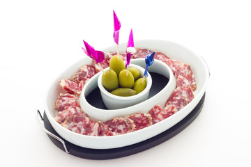 Appetizer of salami and olives