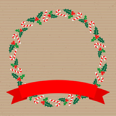 Christmas Wreath Holly Candy Canes Banner Brown Paper