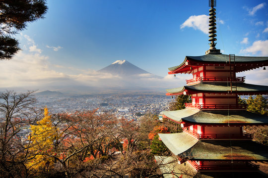 Mt. Fuji with fall colors in Japan.