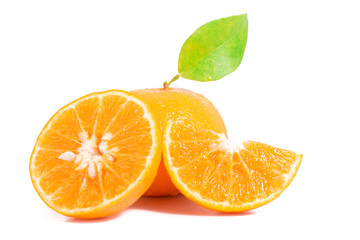 Fototapeta na wymiar orange mandarins with green leaf isolated on white backgroun