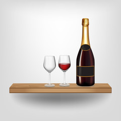 Red wine bottle and glass on wood shelf