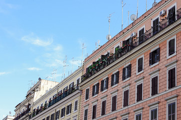 Many tv aerials on the public apartment in Rome Italy