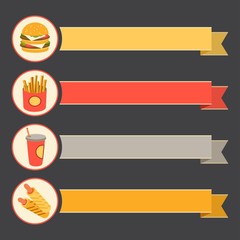 flat vector icon set fast food with vintage ribbons