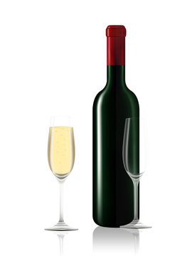 Wine bottle and two wine glass on white
