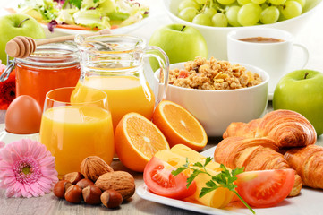Composition with breakfast on the table. Balnced diet.