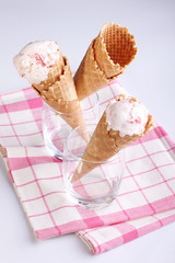 ice cream cones in clear glass on white background