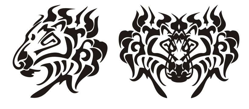 Lion head in tribal style. Black on the white