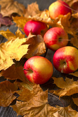 fresh apples on a table strewn with autumn leaves