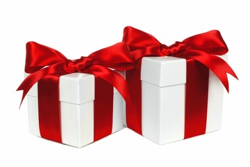 Two white Christmas gift boxes with red bows and ribbon isolated