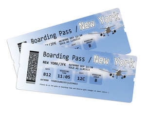 Airline boarding pass tickets to New York isolated on white