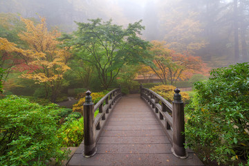 Fototapeta na wymiar Moon Bridge in Japanese Garden Foggy Colorful Fall Morning