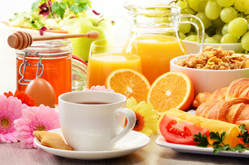 Composition with breakfast on the table. Balnced diet.
