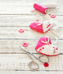 Scrapbook set for Valentines Day. Selective focus.