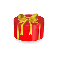 Red gift box with gold bow.