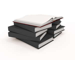 Red open book on stack of books with black covers.