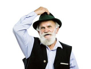 Old bavarian man in hat on white background