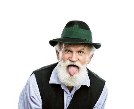 Old Bavarian Man In Hat On White Background