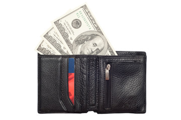 One hundred dollar banknotes in black wallet, isolated on white