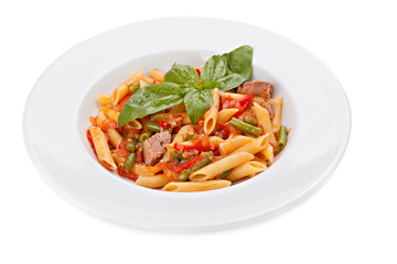 Italian pasta with stewed vegetables in bowl, isolated on white