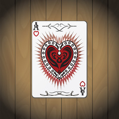 Ace of hearts poker card wood background