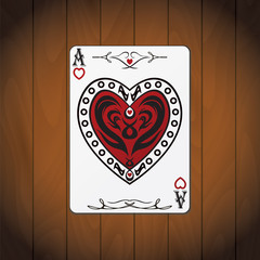 Ace of hearts poker card varnished wood background