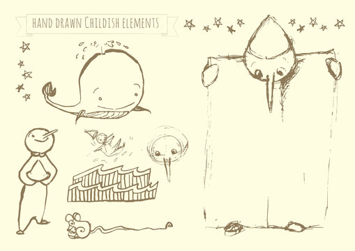 Hand drawn vector kid elements: Pinocchio doodles
