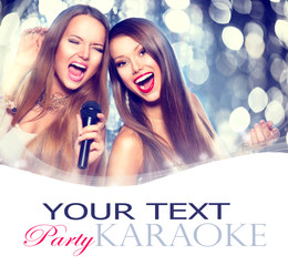 Karaoke. Beauty girls with a microphone singing and dancing