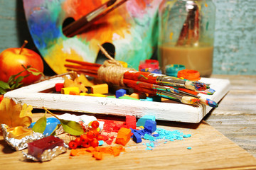Beautiful still life with professional art materials, close up