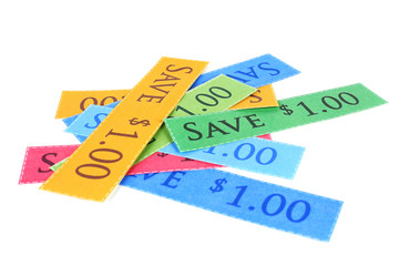 Set of cut coupons for shopping to save money, isolated on