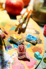 Beautiful still life with professional art materials, close up