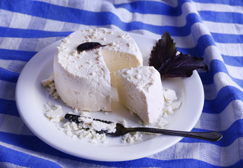 Cottage cheese and basil on plate on fabric background