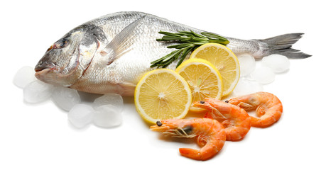 Fresh fish with ice isolated on white